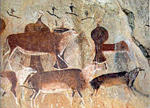 Game Pass Afrique du Sud Peinture, Elands du Cap, grands personnages &agrave; la t&ecirc;te emplum&eacute;e, petits humains. Art Bochiman