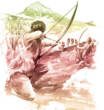 Chasse avec arc et fl&egrave;che. Dessin B. Clarys