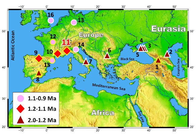 Carte des sites préhistoriques du Pléiostene en Europe