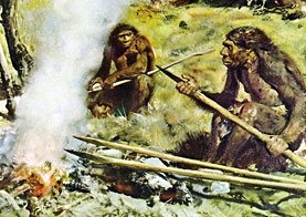 Néandertal autour d'un feu fabriquant des armes