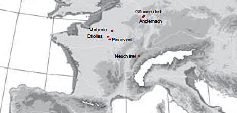 Repartitions des sites magdaléniens il y a 4 000 ans : Verberie, Etiolles, Pincevent, Neuchâtel, Gönnersdorf, Andernach